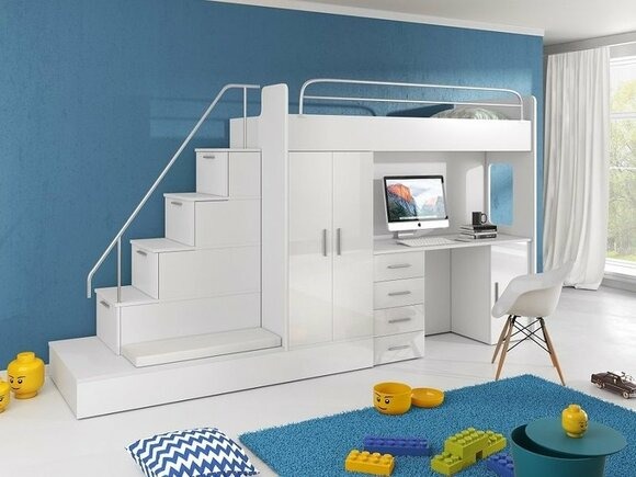 DOPPELSTOCKBETT Weiß STOCKBETT BETT KINDERZIMMER ETAGENBETT MIT SCHREIBTISCH