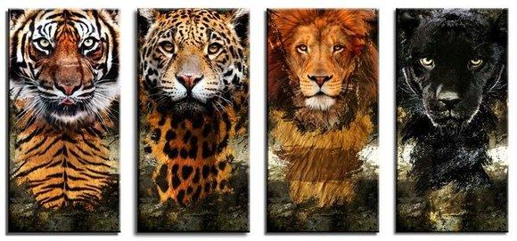 4x Bild Bilder Gemälde Druck Kunstdruck Polster Kultur Löwe Jaguar