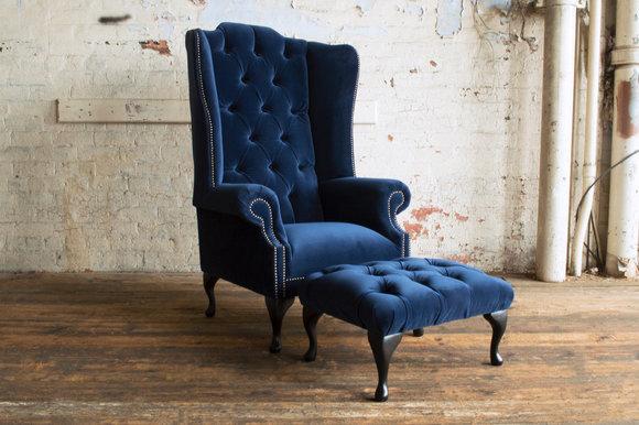 Sessel Fernseh Polster Couch Chesterfield Textil Neu Ohrensessel + Hocker