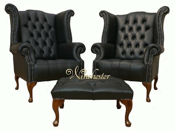 Chesterfield Ohrensessel 2x + Hocker Leder Sofa Set Garnitur Polster