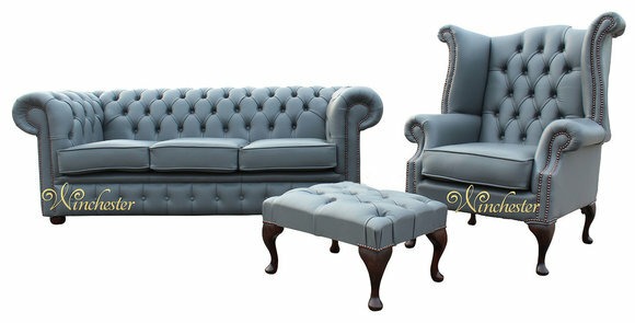 3 Sitzer Couch Ledersofa Chesterfiield + Ohrensessel Hocker 3 tlg.