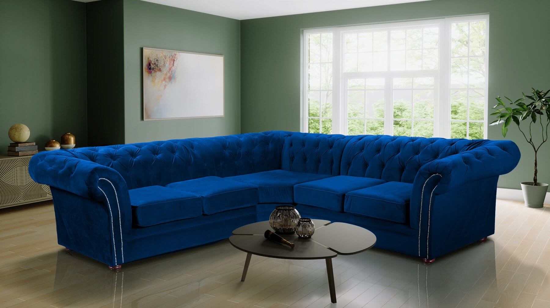 Blaue Chesterfield Wohnzimmer Couch Textil Stoff Sofa Couchen Polster