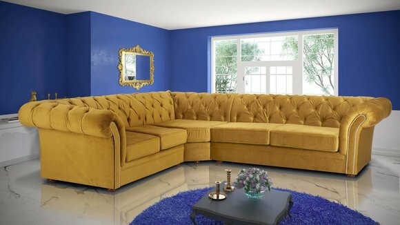 Klassische Chesterfield Couch Polster Eckgarnitur Gold Textil Stoff Ecke