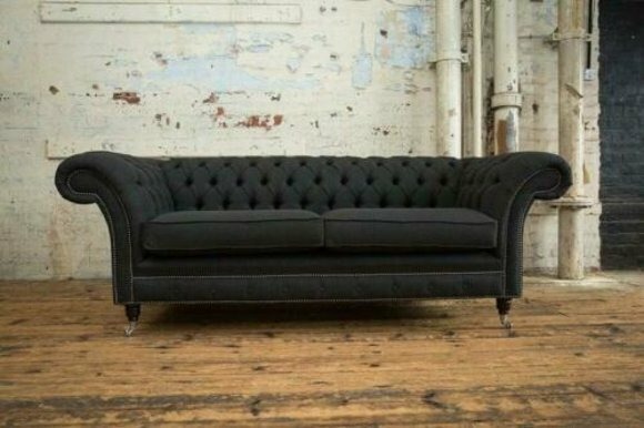 Sofa 3 Sitzer Couch Chesterfield Polster Sitz Garnitur Leder Textil Schwarz