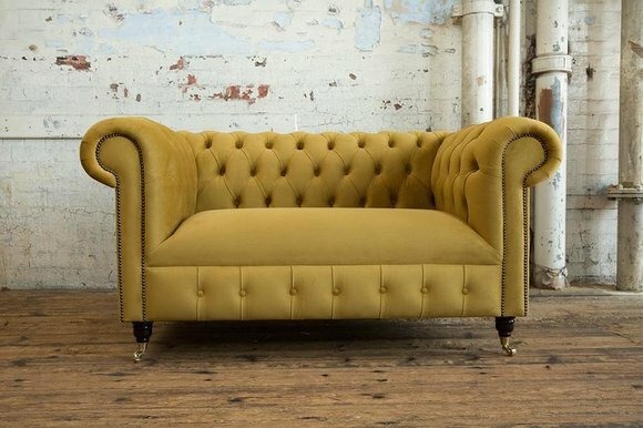 Cheserfield Samt Sofa 2 Sitzer Designer Couchen Couch Stoff Gelb