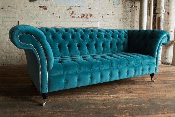 Sofa 3 Sitzer Couch design Turkis Chesterfield Polster Sitz Garnitur Leder Stoff