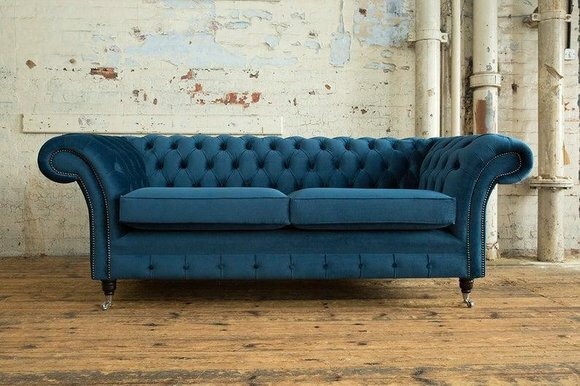 XXL Sofa 3 Sitzer Couch Chesterfield Polster Sitz Garnitur Textil Leder Blau Neu