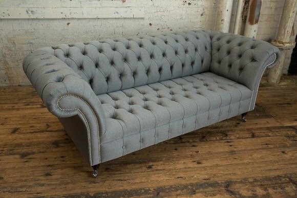 Graue Chesterfield Couch Textil Polster Sitz Garnitur Sofa Stoff Sofas 3 Sitzer