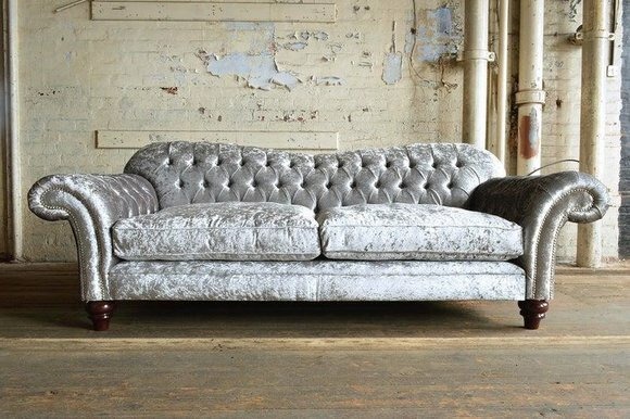 XXL Sofa 3 Sitzer Couch Chesterfield Polster Sitz Garnitur Leder Textil Silber