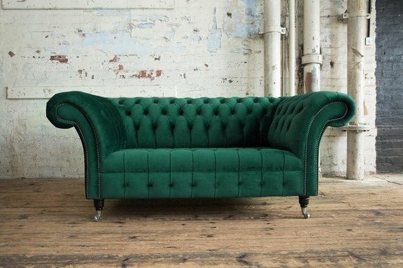 Grüne Designer Couch 2 Sitzer Chesterfield Samt Stoff Textil Sofa