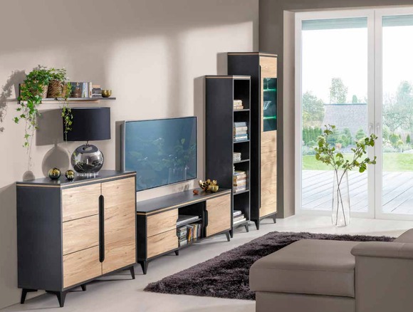 Edle Designer Wohnwand Grau Beige Wohnwände Vitrine Kommode