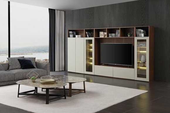 Moderne Design Wohnwand Schrank Vitrine Holz Wohnzimmer Möbel TV