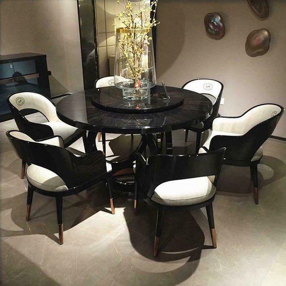 Edler Holz Rund Tisch + 6 Stühle Ess Zimmer Gruppe Lehn Stühle Deko Tische