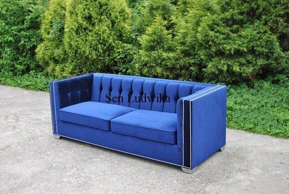 Dreisitzer Couch Polster Sitz Sofas Textil Sofa 3 Sitzer Blau Chesterfield Neu