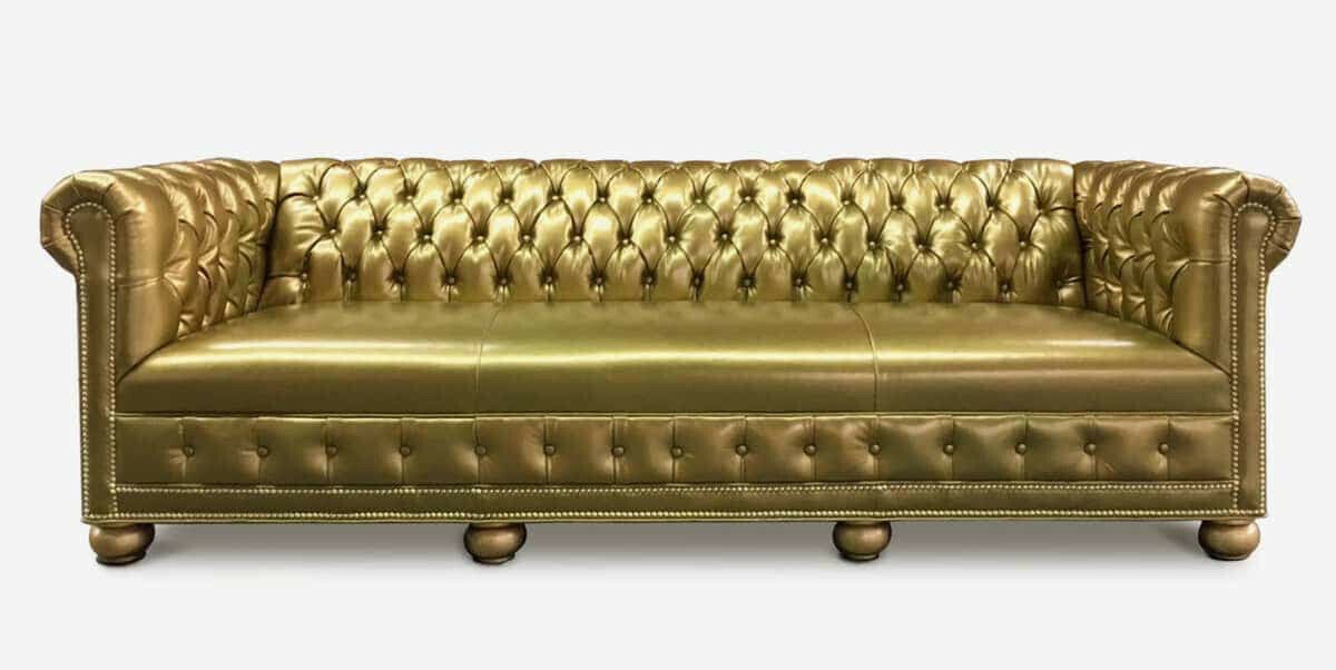 Chesterfield 3 Sitzer Sofa Couch Leder Garnitur Polster Sitz Stoff Gold