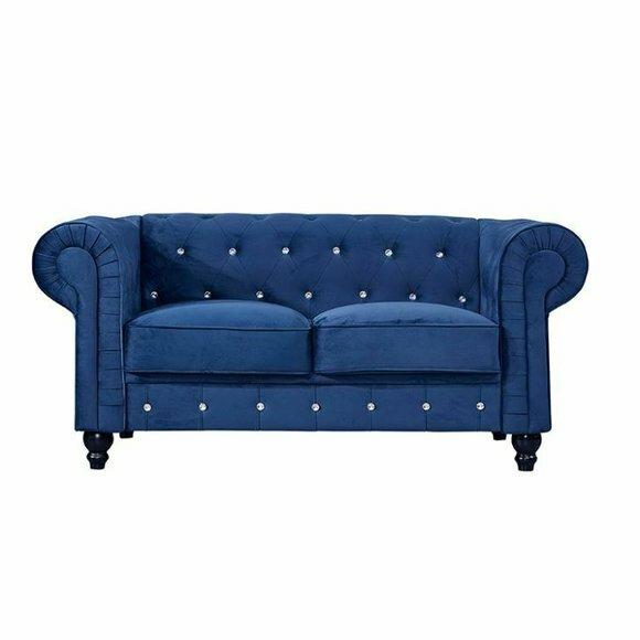 Klassische Leder Couch - Blaue Chesterfield Stoff Sofa 2 Sitzer Textil