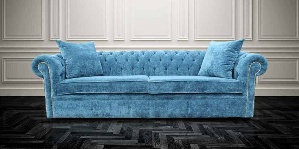 Klassische Wohnzimmer Sofa - Blaue Chesterfield Stoff Couch 3 Sitzer