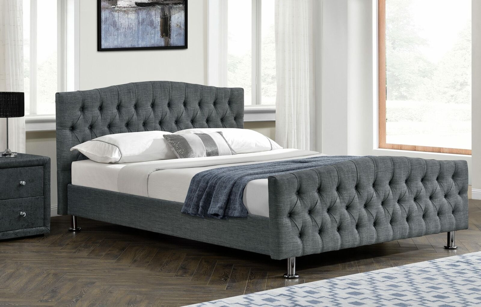 Designer Schlafzimmer Chesterfield Bett Leder Textil Polster 140/160/180/200 cm