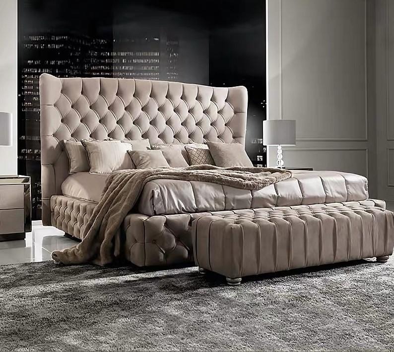 Echtes Chesterfield Bett Doppel Hotel Betten Textil Polster 160x200cm Stoff