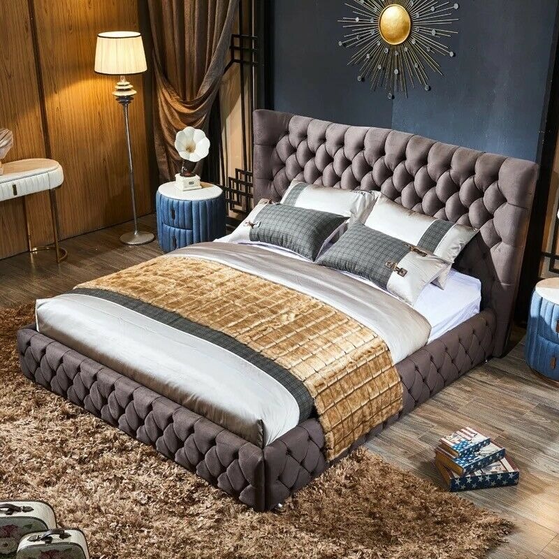 Chesterfield Big Bett Großer Kopfteil Ohren Betten Polster Hotel Samt Grau