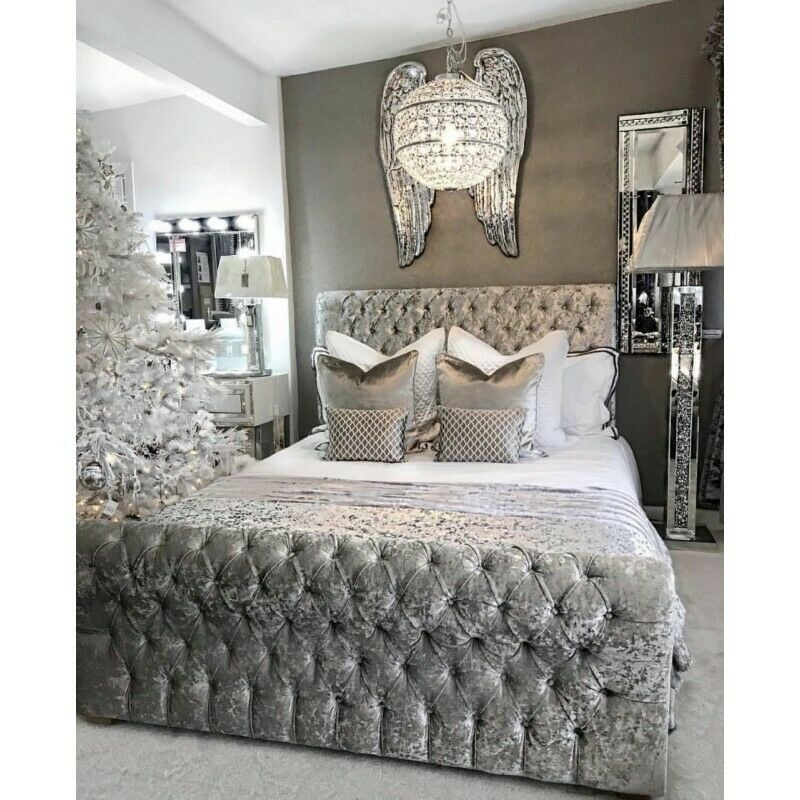 Chesterfield Bett Betten Schlafzimmer Textil 180x200cm Samt Big Hotel Grau