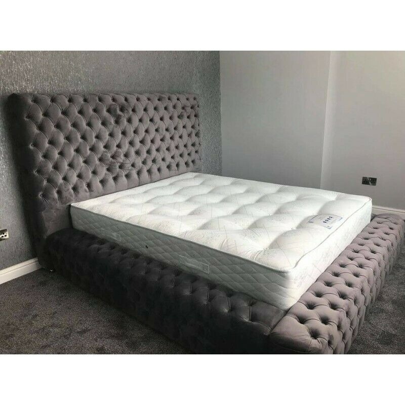 Chesterfield Bett Schlafzimmer Betten Textil 180x200cm Samt Big Hotel Grau