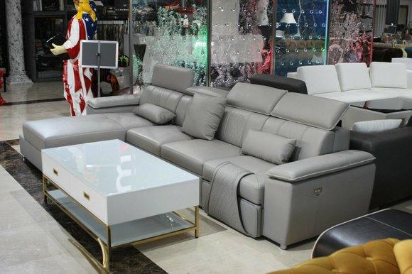 Ecksofa L-Form Sofa Couch Design Grau Polster Leder Modern Relax Fuß