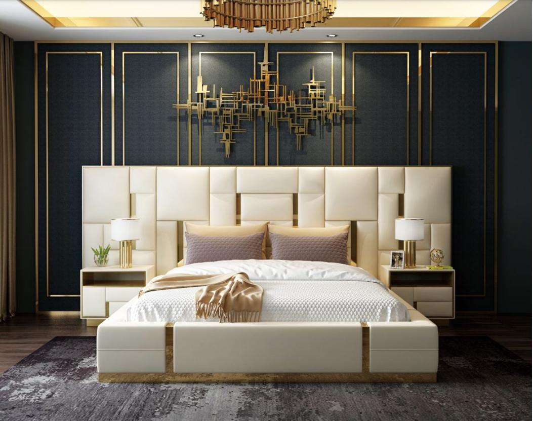 Hotelbett Luxus Design Betten Polster Deko Metall Leder Schlafzimmer XXL