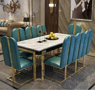 Edelstahl Marmor Imitation Tisch + 8 Lehn Stühle Ess Zimmer Gruppe