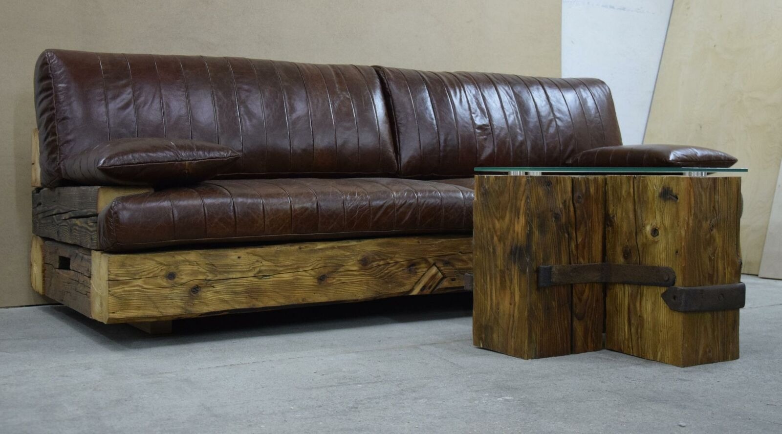 Natur Sofa Leder Holz Bank Sitz Polster Couch Dreisitzer Echte Handarbeit 3er