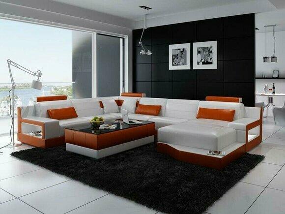 Ecksofa Sofa Wohnlandschaft U Form Polster Couch Ledersofa Weiß