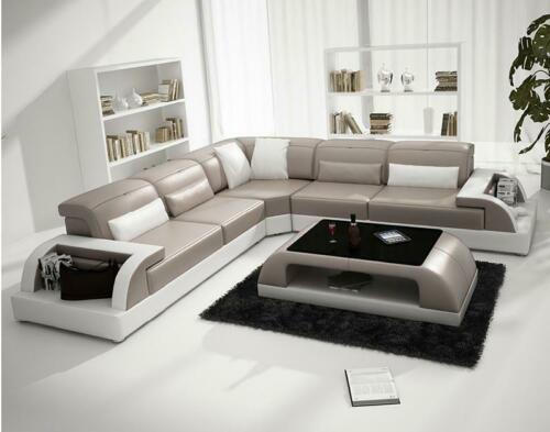 Ecksofa L-Form + Couchtisch Sofa Couch Design Grau Polster Leder