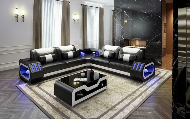 LED Beleuchtete Ecksofa Wohnzimmer Leder Couch Sitz Polster
