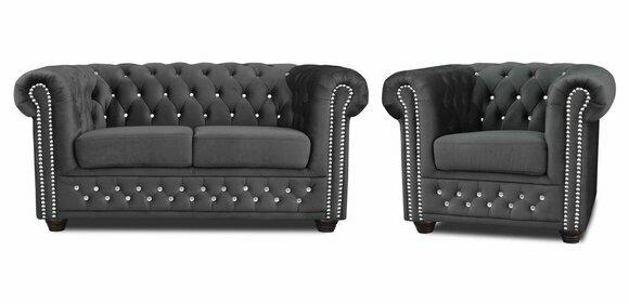 Chesterfield Textil Couch Polster 2Sitzer Stoff Sofas Couchen Zweisitzer Schwarz