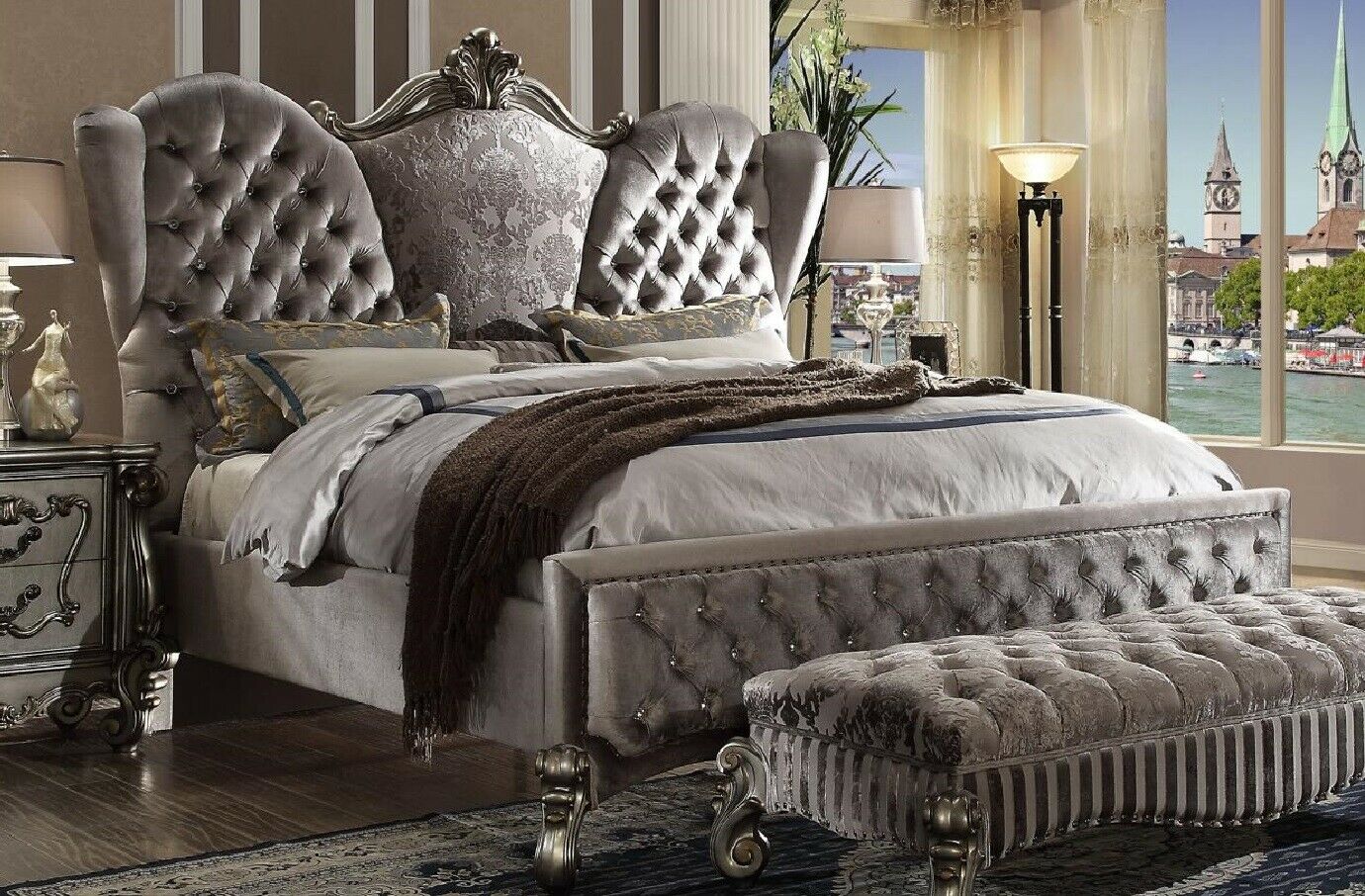 Bett Polsterbett Luxus Doppel Schlafzimmer Deko Barock Holz Leder Betten