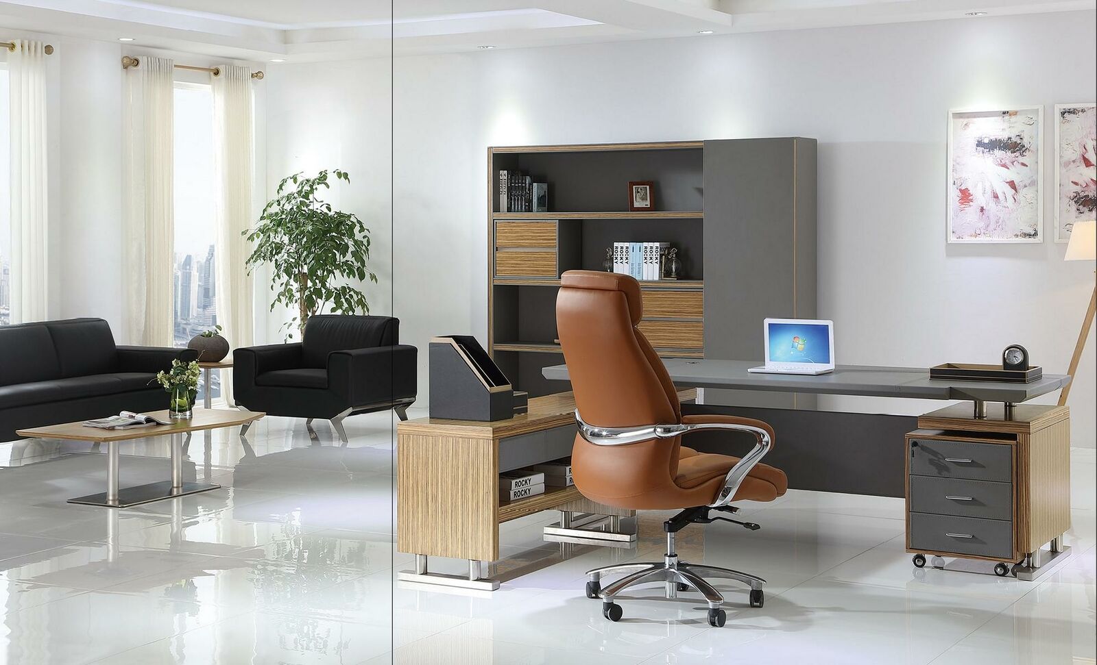 Designer Büro Arbeit Zimmer Set Regal Tisch Sessel Komplett Deko Set Möbel