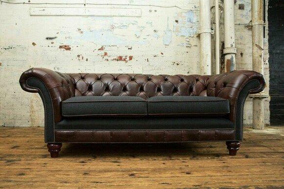 Chesterfield Braune Leder Textil Couch Klassische Sofa Sitz Polster Stoffsofas