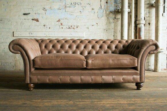 Braune Chesterfield Leder Textil Couch Klassische Sofa Sitz Polster Stoffsofas
