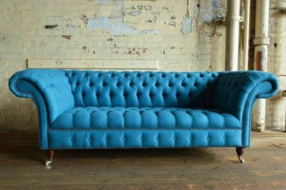 Blaue Chesterfield Leder Textil Couch Klassische Sofa Sitz Polster Stoffsofas