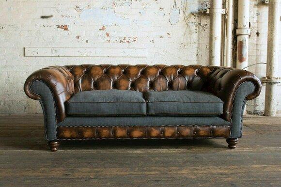 Chesterfield Klassische Braun Leder Textil Couch Sofa Sitz Polster Stoffsofas