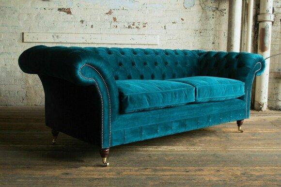 Klassische Chesterfield Turkis Leder Textil Couch Sofa Sitz Polster Stoffsofas