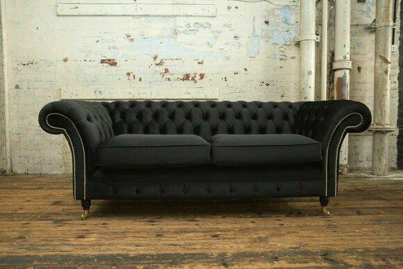 Klassische Chesterfield Schwarz Textil Leder Couch Sofa Sitz Polster Stoffsofas