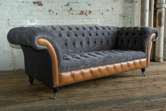 Klassische Chesterfield Graue Leder Textil Couch Sofa Sitz Polster Stoffsofas
