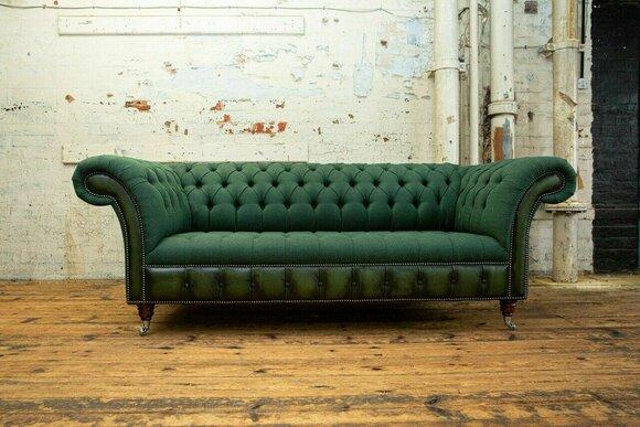 Klassische Chesterfield Grün Leder Textil Couch Sofa Sitz Polster Stoffsofas Neu