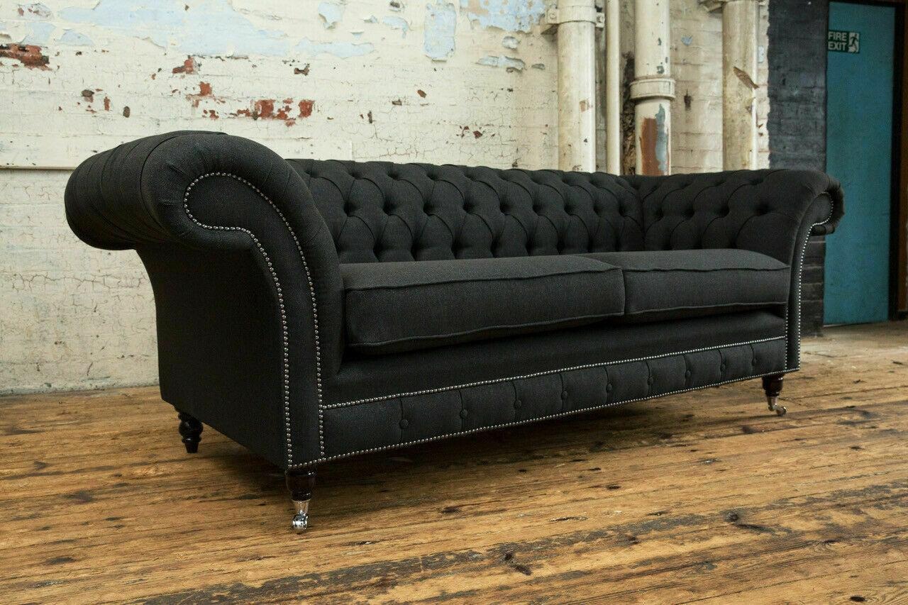 Klassische Chesterfield Schwarz Leder Textil Couch Sofa Sitz Polster Stoffsofas