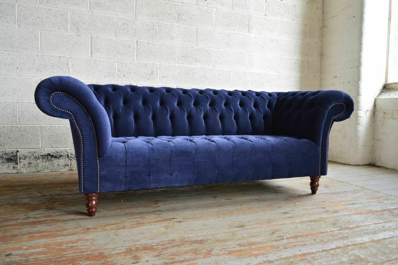 Blaue Chesterfield Sofa Couch Design Polster Sofas Couchen Stoff Textil Leder