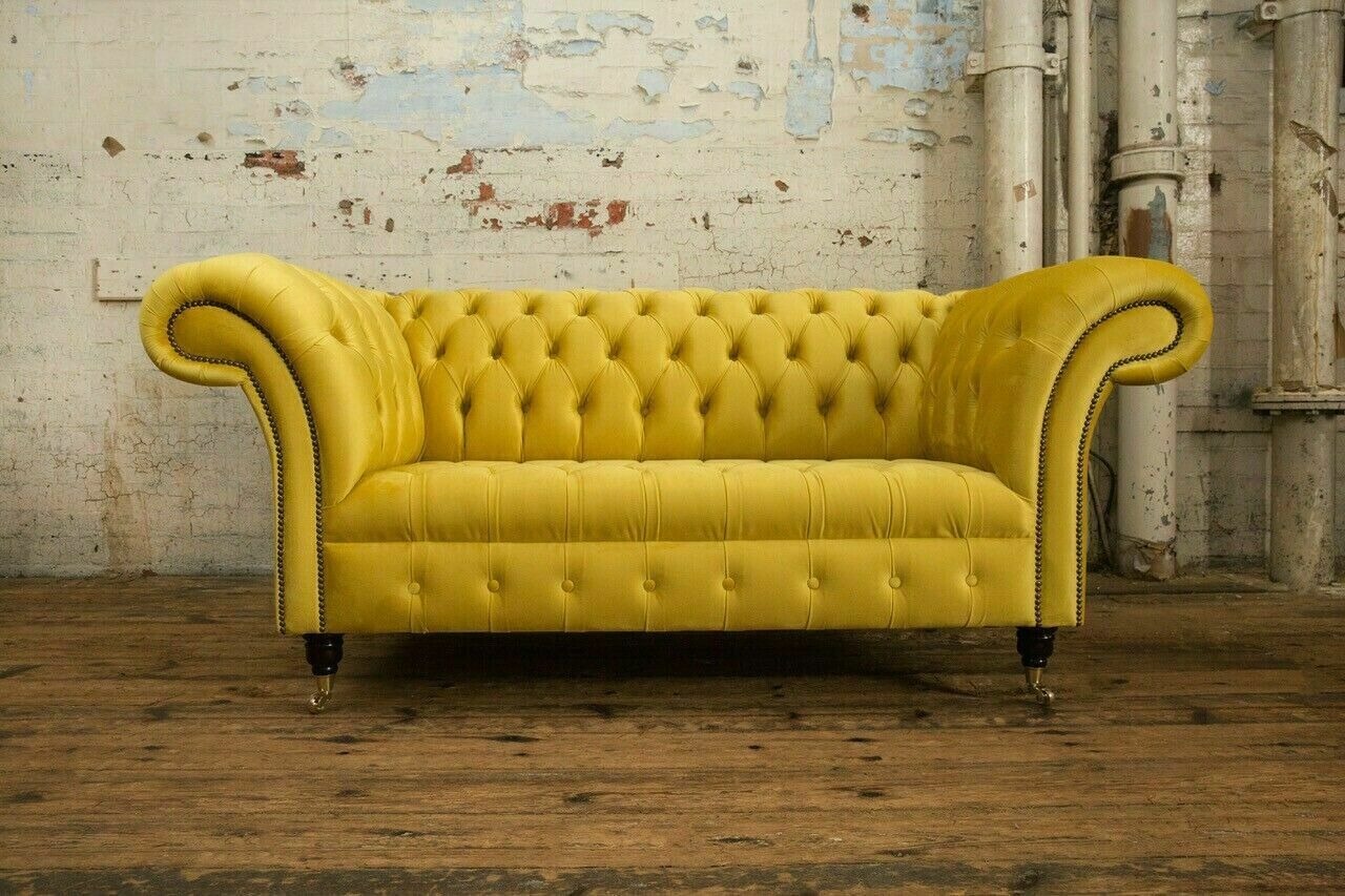 Gelbe Chesterfield Textil Couch Zwei Sitzer Polster Sofa 185cm Stoff Leder neu