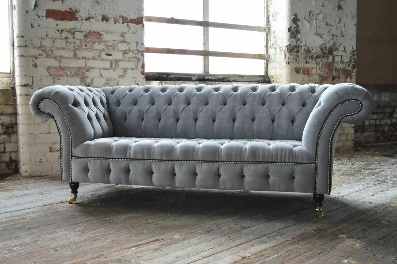 Graue Chesterfield Sofa Couch Design Polster Sofas Couchen Stoff Textil Leder