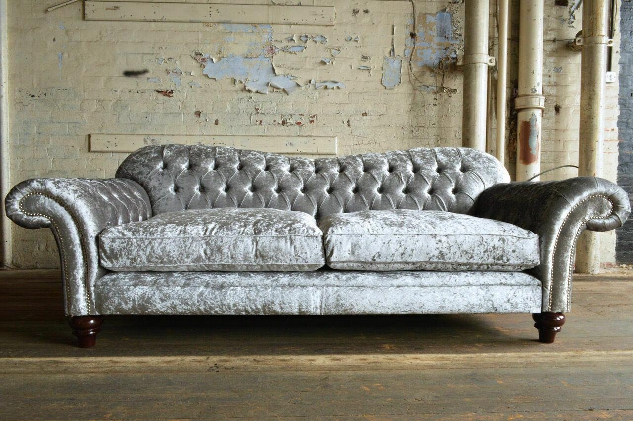 klassische Chesterfield Couch 4 Sitzer Sofa Couchen Samt Leder Design Grau 240cm