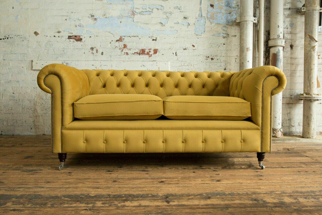 Chesterfield Design Sofa 2 Sitzer Couch Polster Sitz Garnitur Leder Textil Gelb
